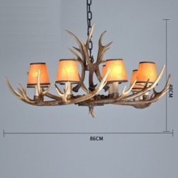 Lustre rustique artistique rétro à 8 lumières en bois de cerf avec abat-jour