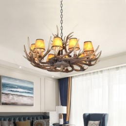 Lustre rétro en bois de cerf avec abat-jour