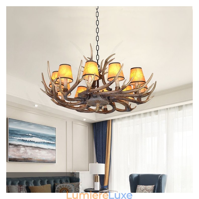 Lustre rétro en bois de cerf avec abat-jour