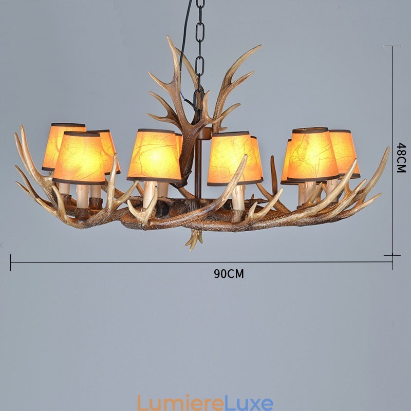 Lustre rétro en bois de cerf avec abat-jour