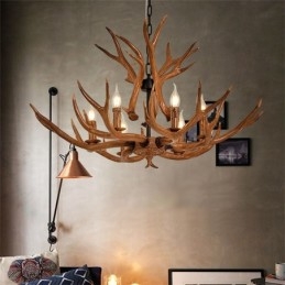 Lustre antique rustique artistique rétro à 6 lumières en bois de cerf