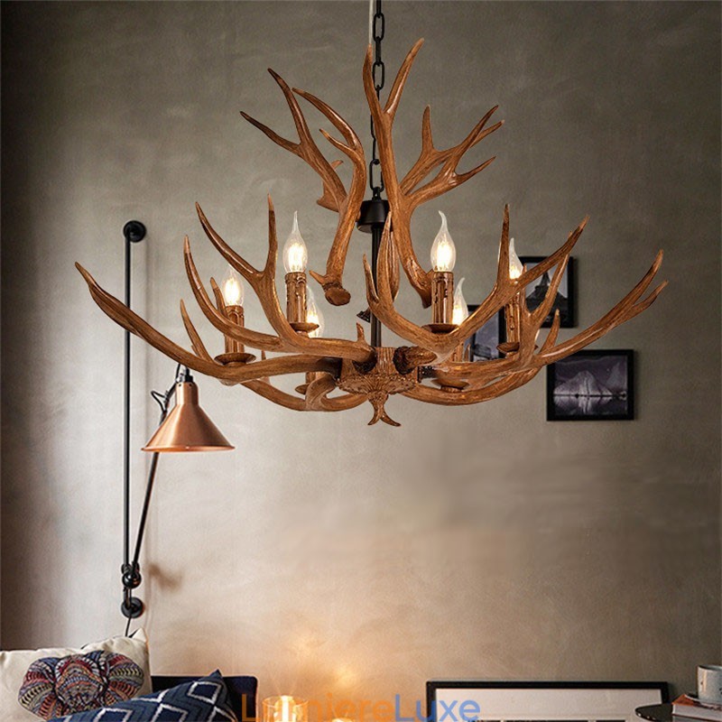 Lustre antique rustique artistique rétro à 6 lumières en bois de cerf