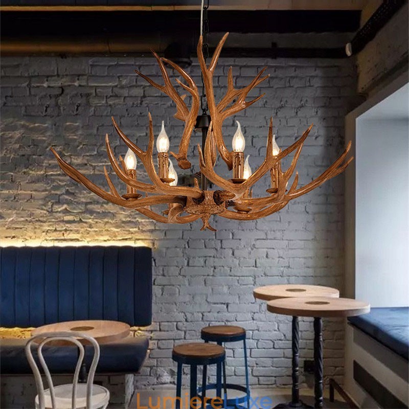Lustre antique rustique artistique rétro à 6 lumières en bois de cerf