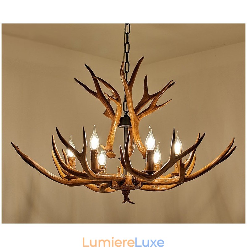 Lustre antique rustique artistique rétro à 6 lumières en bois de cerf