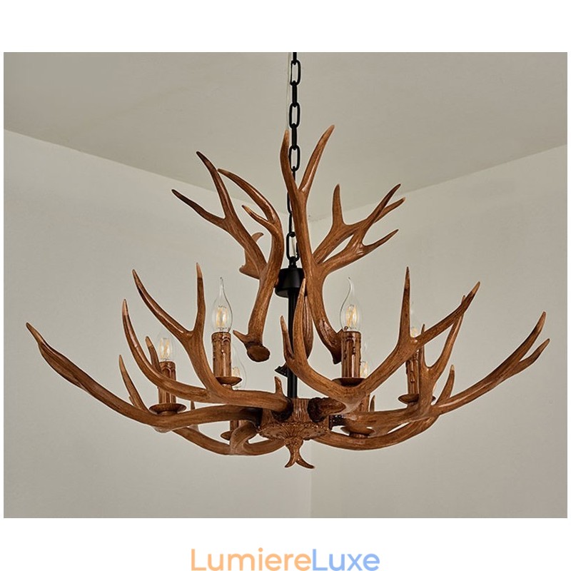 Lustre antique rustique artistique rétro à 6 lumières en bois de cerf