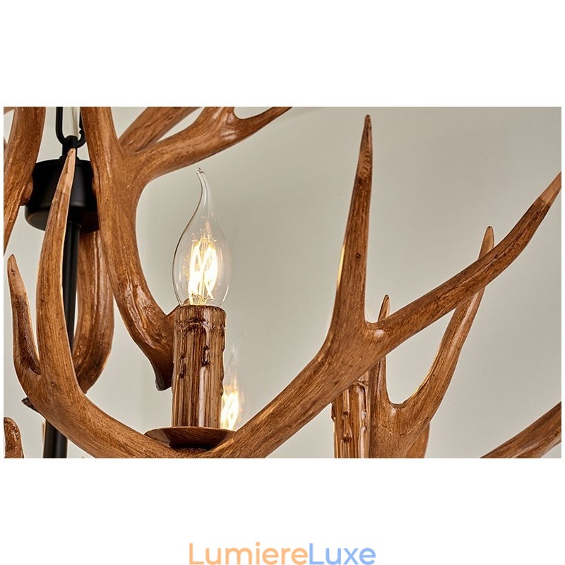 Lustre antique rustique artistique rétro à 6 lumières en bois de cerf