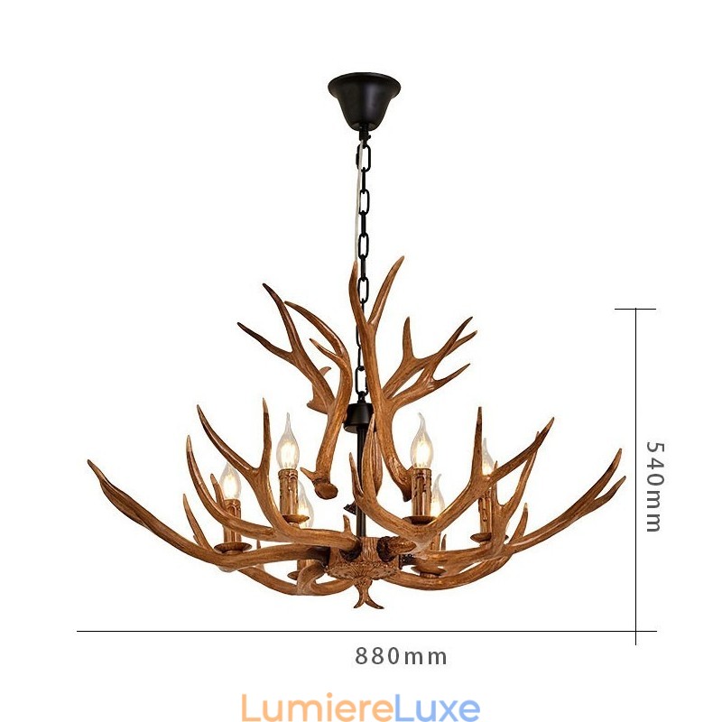 Lustre antique rustique artistique rétro à 6 lumières en bois de cerf