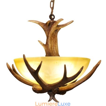 Suspension rustique artistique rétro en bois de cerf avec abat-jour en verre Suspension rustique artistique rétro en bois de cerf avec abat-jour en verre