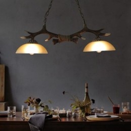 Suspension noire rustique à 2 lumières, style rétro, en bois de cerf, avec abat-jour en verre