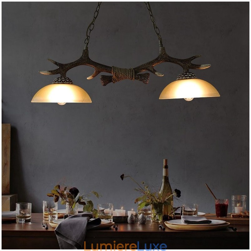 Suspension noire rustique à 2 lumières, style rétro, en bois de cerf, avec abat-jour en verre