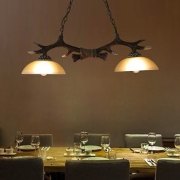 Suspension noire rustique à 2 lumières, style rétro, en bois de cerf, avec abat-jour en verre