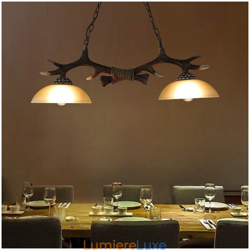 Suspension noire rustique à 2 lumières, style rétro, en bois de cerf, avec abat-jour en verre