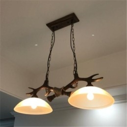 Suspension noire rustique à 2 lumières, style rétro, en bois de cerf, avec abat-jour en verre