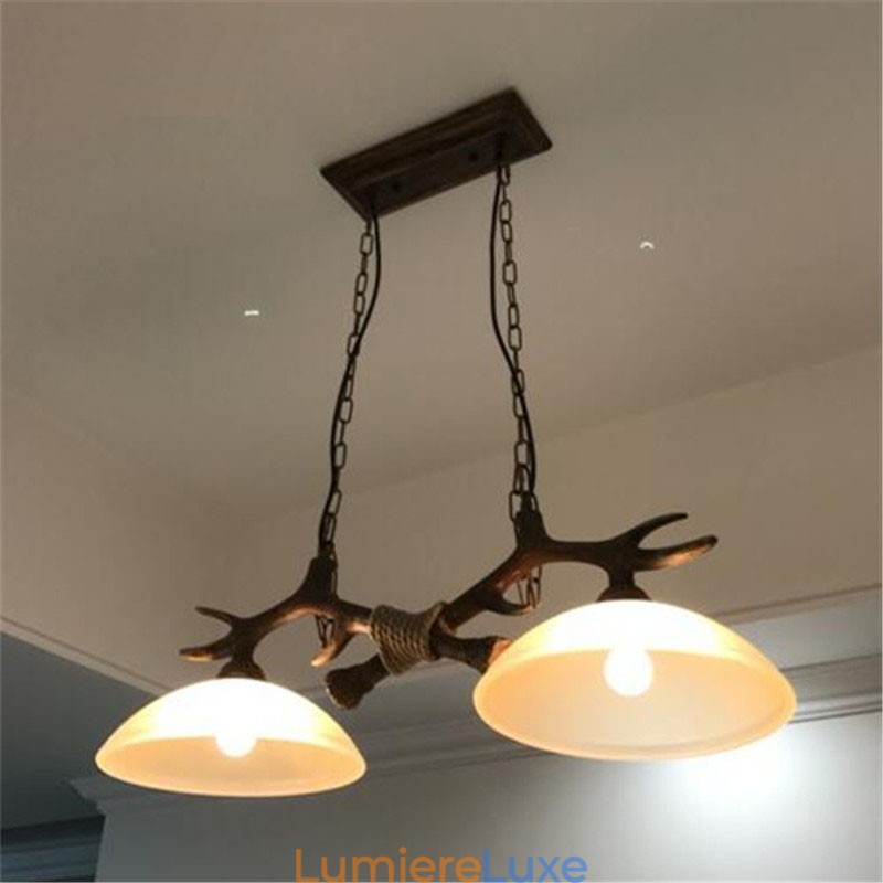 Suspension noire rustique à 2 lumières, style rétro, en bois de cerf, avec abat-jour en verre