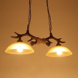 Suspension noire rustique à 2 lumières, style rétro, en bois de cerf, avec abat-jour en verre
