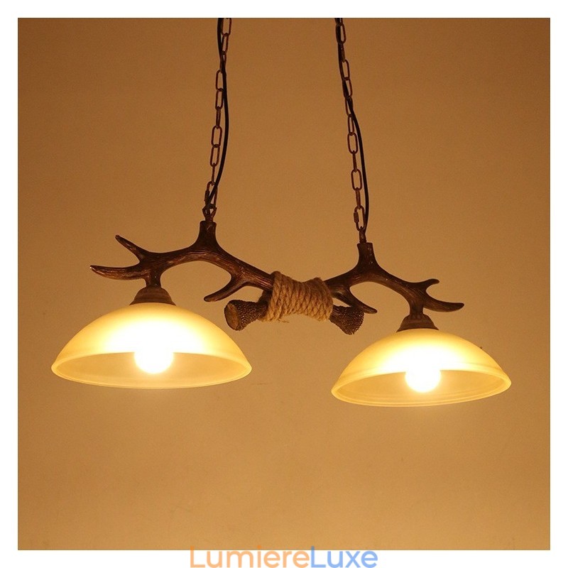 Suspension noire rustique à 2 lumières, style rétro, en bois de cerf, avec abat-jour en verre
