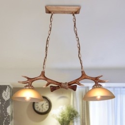 Suspension rustique en bois de cerf marron clair, style rétro artistique, avec abat-jour en verre