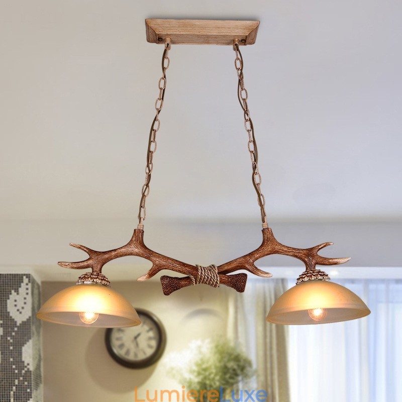 Suspension rustique en bois de cerf marron clair, style rétro artistique, avec abat-jour en verre