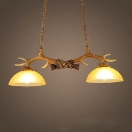 Suspension rustique en bois de cerf marron clair, style rétro artistique, avec abat-jour en verre