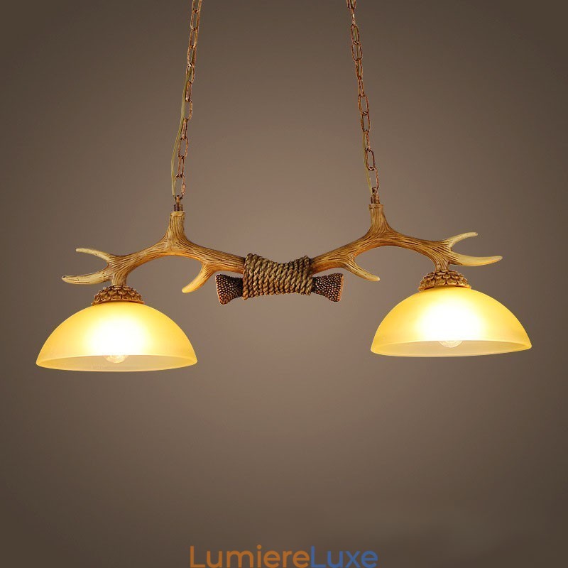Suspension rustique en bois de cerf marron clair, style rétro artistique, avec abat-jour en verre