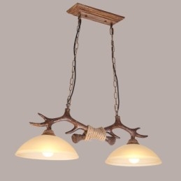 Suspension rustique en bois de cerf marron clair, style rétro artistique, avec abat-jour en verre