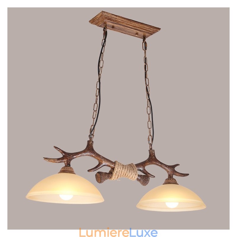 Suspension rustique en bois de cerf marron clair, style rétro artistique, avec abat-jour en verre