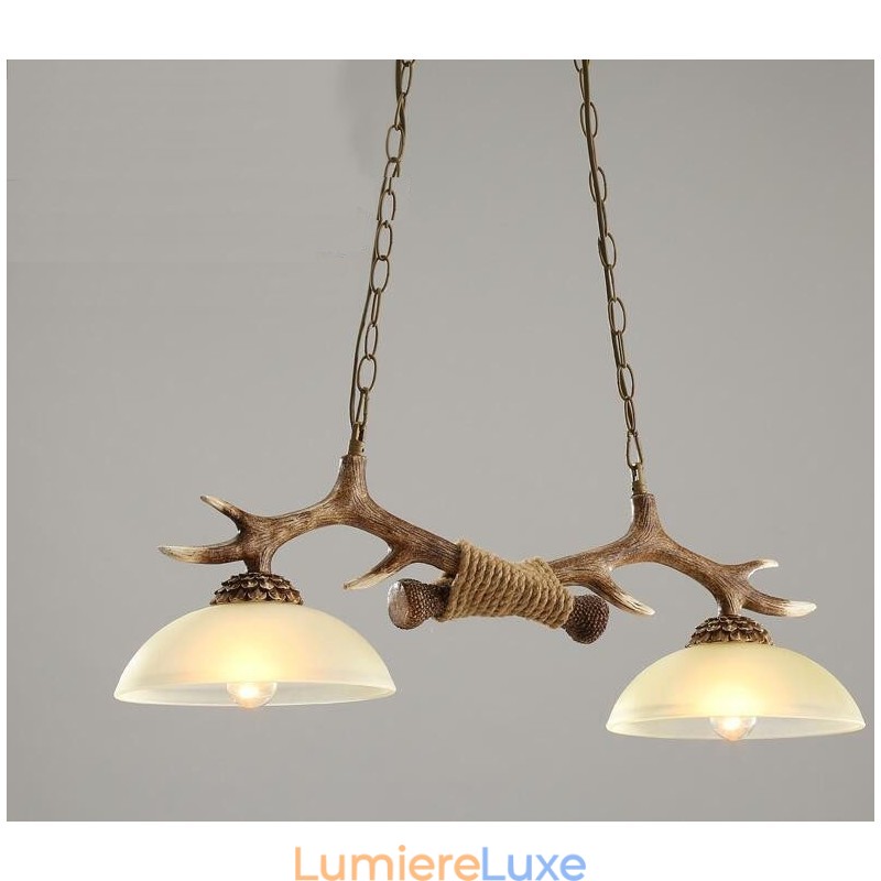 Suspension rustique en bois de cerf marron clair, style rétro artistique, avec abat-jour en verre