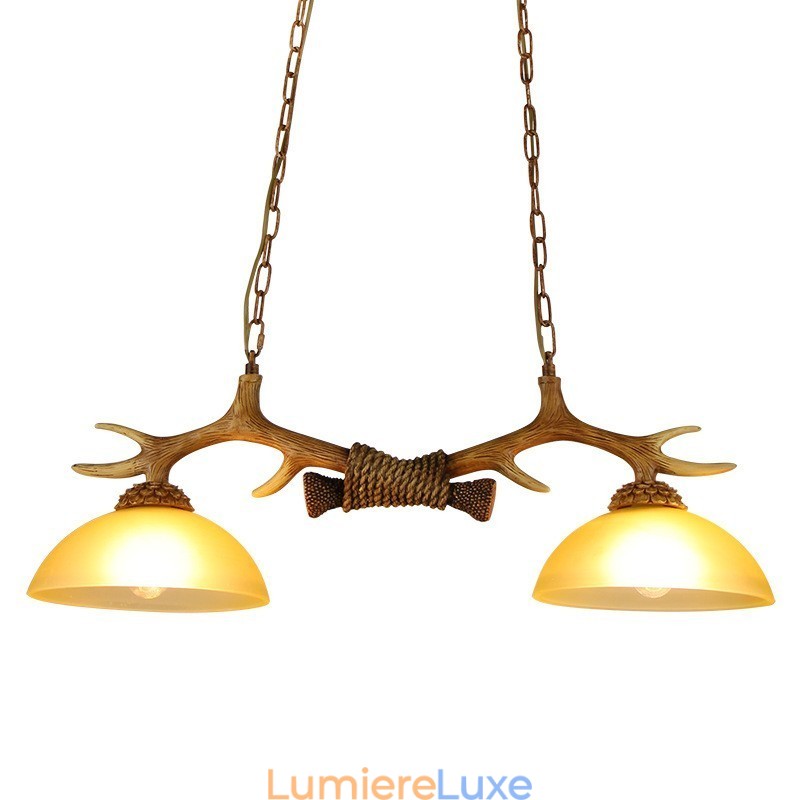 Suspension rustique en bois de cerf marron clair, style rétro artistique, avec abat-jour en verre