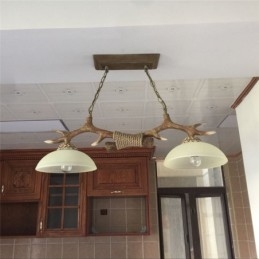 Suspension rustique en bois de cerf marron clair, style rétro artistique, avec abat-jour en verre