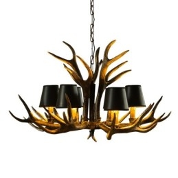 Lustre rustique noir à 6 lumières en bois de cerf avec abat-jour