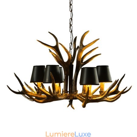 Lustre rustique noir à 6 lumières en bois de cerf avec abat-jour Lustre rustique noir à 6 lumières en bois de cerf avec abat-jour