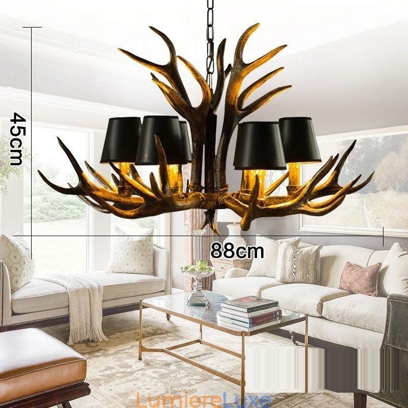 Lustre rustique noir à 6 lumières en bois de cerf avec abat-jour