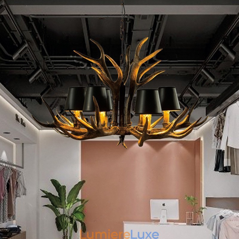 Lustre rustique noir à 6 lumières en bois de cerf avec abat-jour
