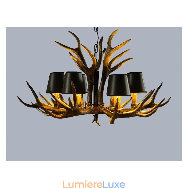 Lustre rustique noir à 6 lumières en bois de cerf avec abat-jour