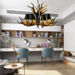Lustre rustique noir à 6 lumières en bois de cerf avec abat-jour