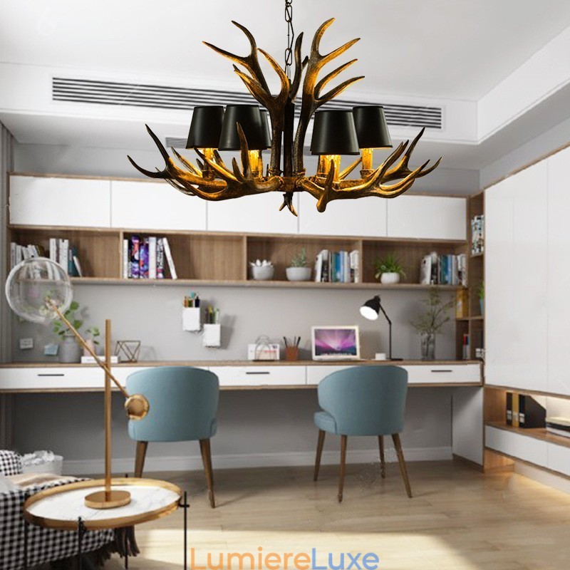 Lustre rustique noir à 6 lumières en bois de cerf avec abat-jour