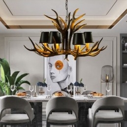 Lustre rustique noir à 6 lumières en bois de cerf avec abat-jour