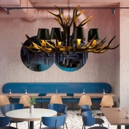 Lustre rustique noir à 8 lumières en bois de cerf avec abat-jour