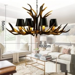 Lustre rustique noir à 8 lumières en bois de cerf avec abat-jour