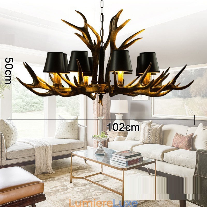 Lustre rustique noir à 8 lumières en bois de cerf avec abat-jour