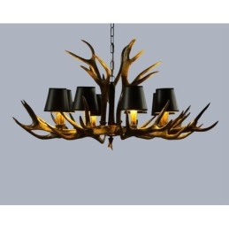 Lustre rustique noir à 8 lumières en bois de cerf avec abat-jour