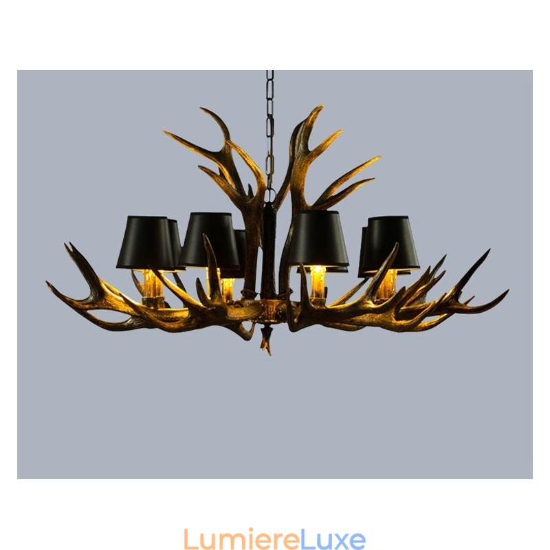Lustre rustique noir à 8 lumières en bois de cerf avec abat-jour