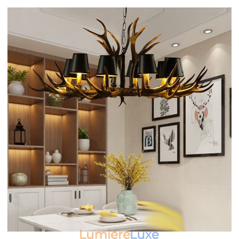Lustre rétro en bois de cerf avec abat-jour