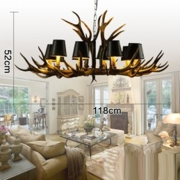 Lustre rétro en bois de cerf avec abat-jour