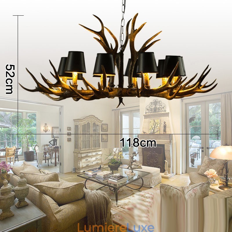 Lustre rétro en bois de cerf avec abat-jour