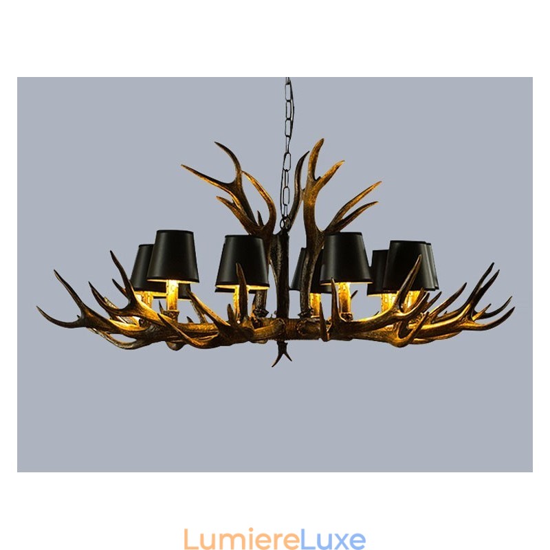 Lustre rétro en bois de cerf avec abat-jour
