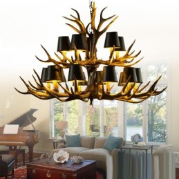 Lustre rustique noir à 15 lumières en bois de cerf avec abat-jour