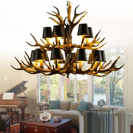 Lustre rustique noir à 15 lumières en bois de cerf avec abat-jour Lustre rustique noir à 15 lumières en bois de cerf avec abat-jour