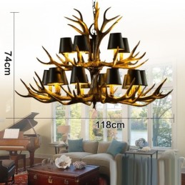 Lustre rustique noir à 15 lumières en bois de cerf avec abat-jour
