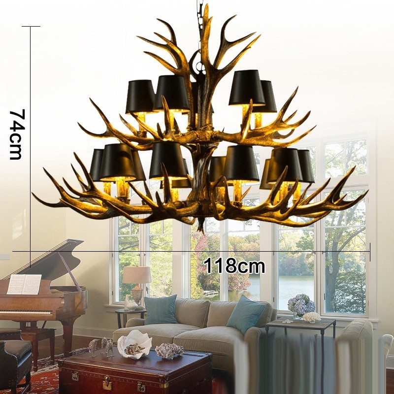 Lustre rustique noir à 15 lumières en bois de cerf avec abat-jour